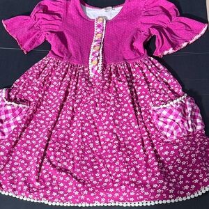 Pink Floral Dress with Checkered Pockets